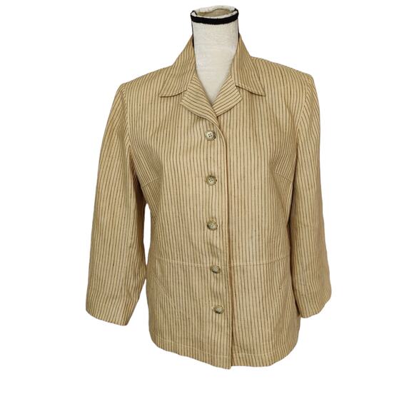 Emanuel Ungaro Liberte Sz 12 Petite Tan Stripe Linen Blazer Coastal Beachy - Picture 1 of 9